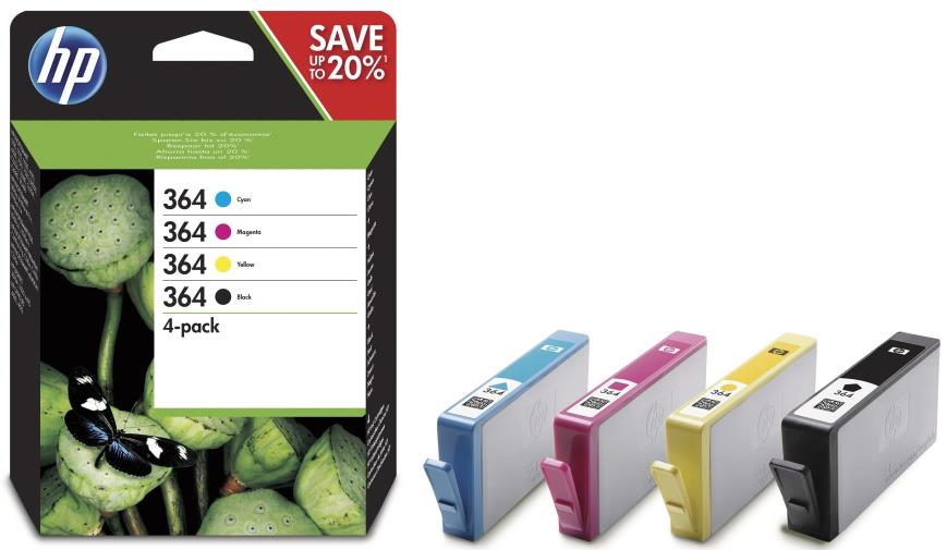 140940 HP N9J73AE Blekk HP 364 N9J73AE CMYK (4) HP 364 CMYK Ink Cartridge Combo 4-Pack